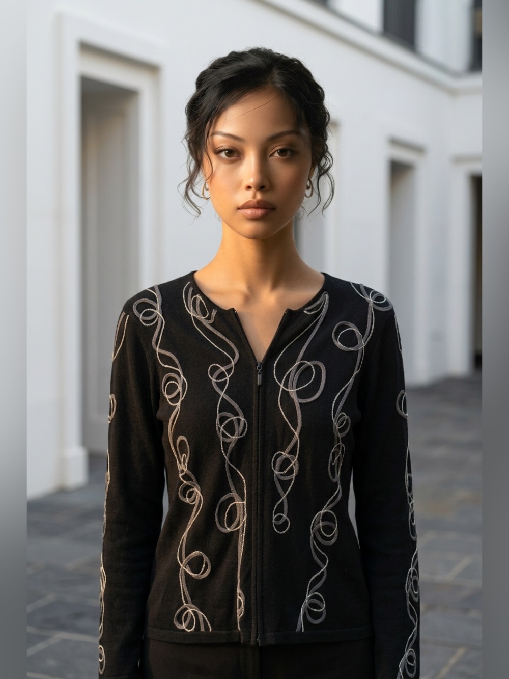 Foxcroft Gray Swirl Embroidered Black Zip Cardigan Cotton Wool Sweater Vintage